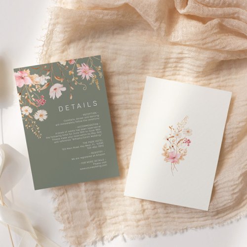 Modern Wildflower  Sage Green Wedding Details Enclosure Card