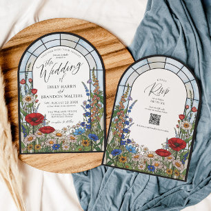 Modern Wildflower Stained Glass Arch Wedding Invitation