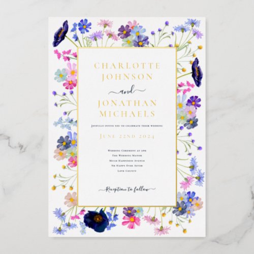 Modern Wildflower Watercolor Blue Gold Wedding Foil Invitation