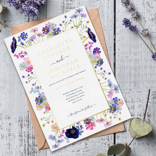 Modern Wildflower Watercolor Blue Gold Wedding Foil Invitation