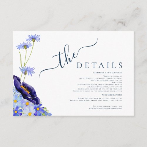 Modern Wildflower Watercolor Blue Wedding Details Enclosure Card