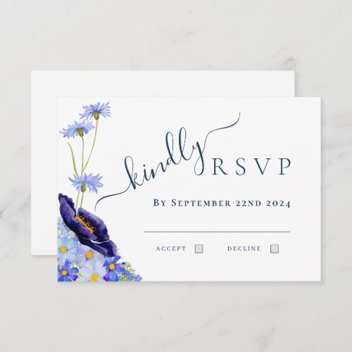 Modern Wildflower Watercolor Blue Wedding Reply RSVP Card