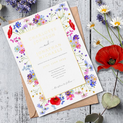 Modern Wildflower Watercolor Elegant Gold Wedding Foil Invitation