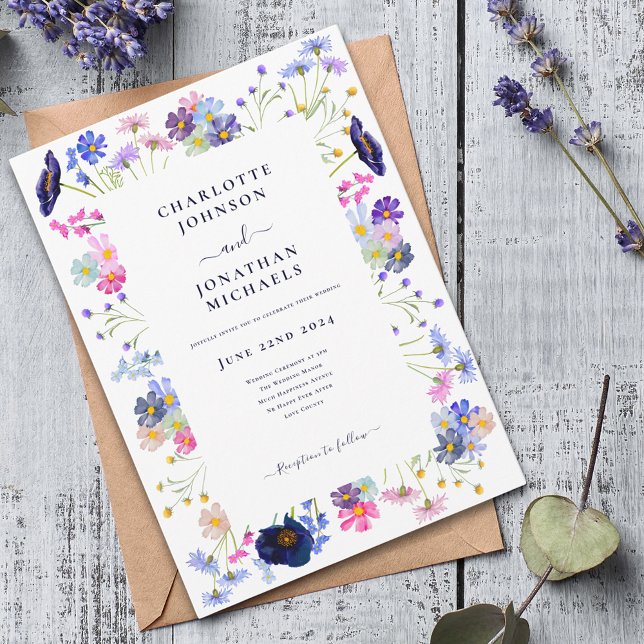 Modern Wildflower Watercolor Navy Blue Blush Pink Invitation (Modern colorful wildflower boho chic typography wedding invitation navy blue pink purple peach green)