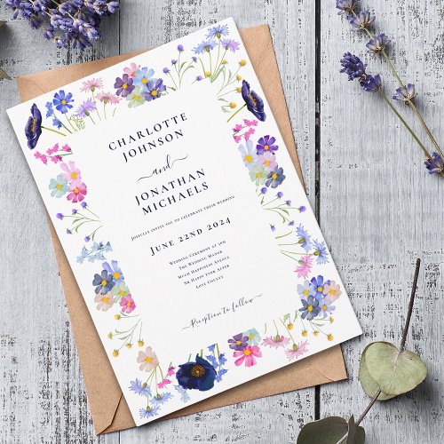 Modern Wildflower Watercolor Navy Blue Invitation