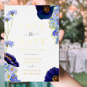 Modern Wildflower Wedding Blue and Gold Foil Invitation
