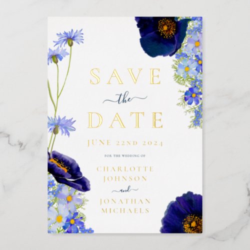 Modern Wildflower Wedding Blue and Gold Foil Invitation
