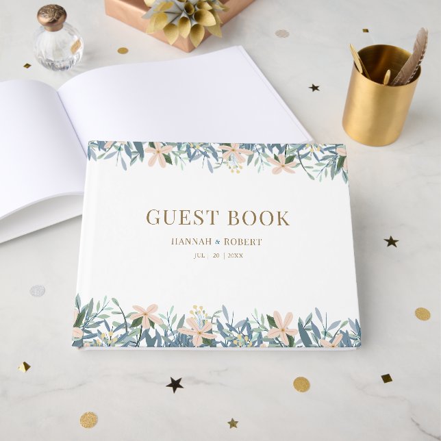 Modern Wildflower Wedding Guest Book Custom Name (Front Open)