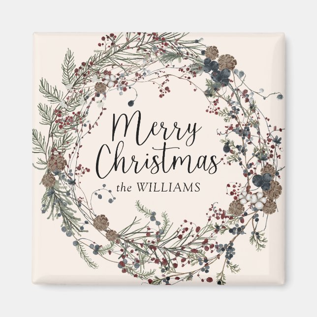 Modern Wildflower Wreath Script Christmas Family Magnet (Front)