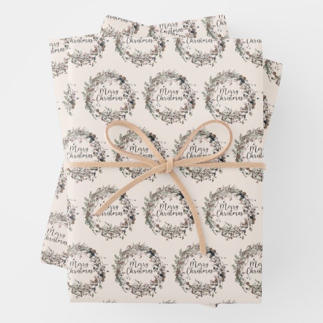 Modern Wildflower Wreath Script Christmas Pattern Wrapping Paper Sheets (In situ)