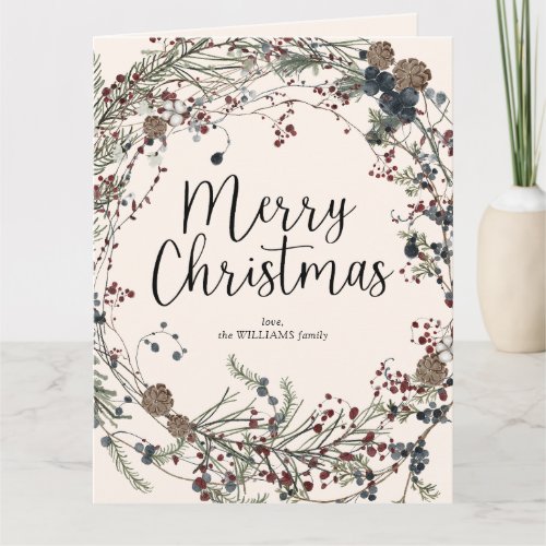 Modern Wildflower Wreath Script Merry Christmas Card