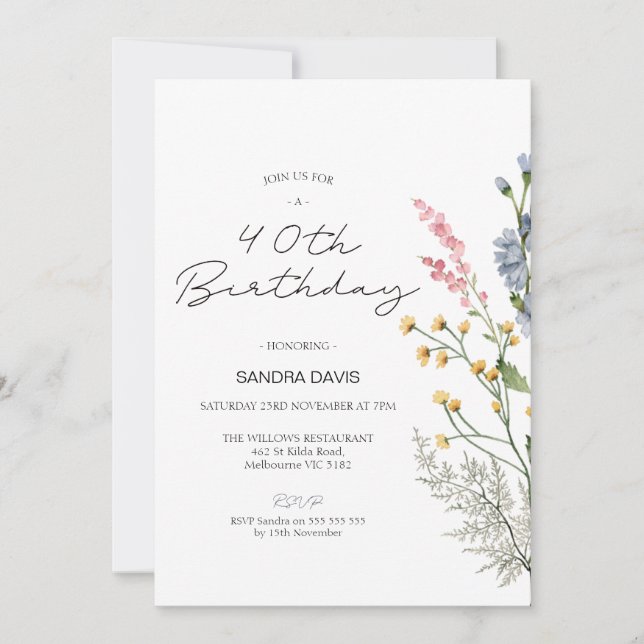 Modern Wildflowers 40th Birthday Invitation (Front)