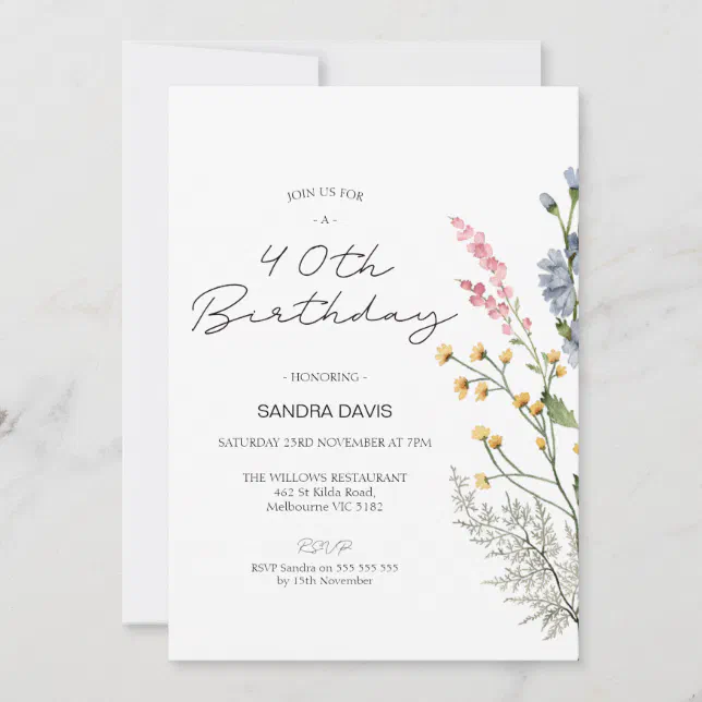 Modern Wildflowers 40th Birthday Invitation | Zazzle