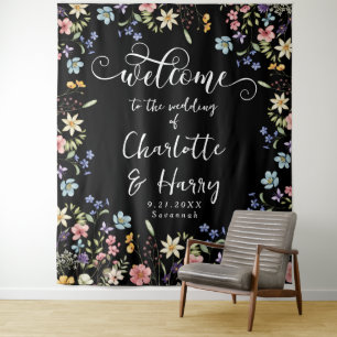 Modern Wildflowers Black Wedding Welcome Backdrop