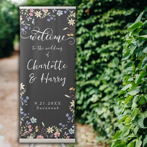 Modern Wildflowers Black Wedding Welcome Sign