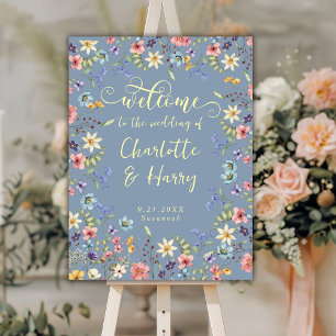 Modern Wildflowers Blue Wedding Welcome Sign