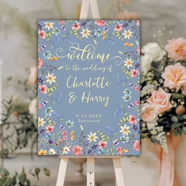 Modern Wildflowers Blue  Wedding Welcome Sign (Creator Uploaded)