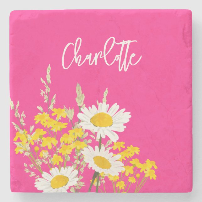 Modern Wildflowers Custom Monogram Stone Coaster (Front)
