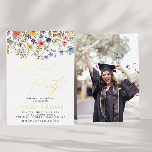 Modern Wildflowers Floral Photo Graduation Party Foil Invitation