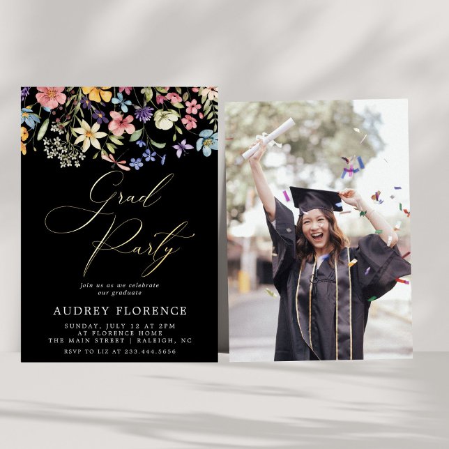 Modern Wildflowers Floral Photo Graduation Party Foil Invitation (Creator Uploaded)