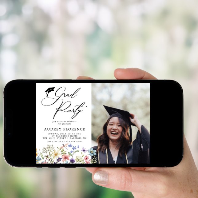 Modern  Wildflowers Floral Photo Graduation Party Invitation (Front Digital)