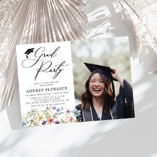 Modern Wildflowers Floral Photo Graduation Party Invitation