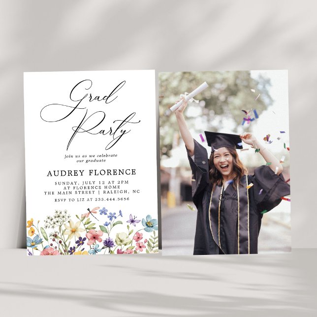 Modern  Wildflowers Floral Photo Graduation Party Invitation (Creator Uploaded)