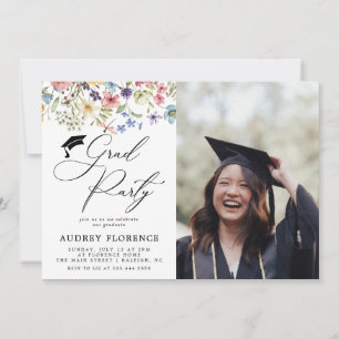 Modern Wildflowers Floral Photo Graduation Party Invitation