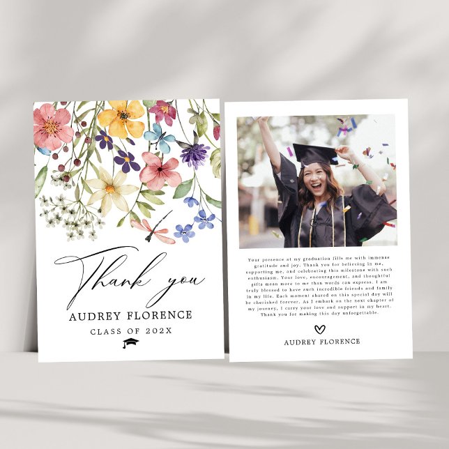 Modern  Wildflowers Floral Photo Graduation Party Thank You Card (Creator Uploaded)