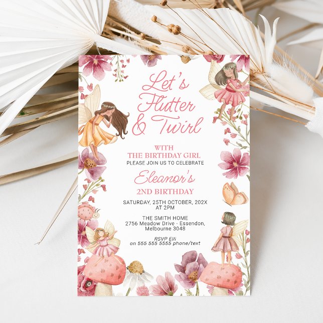 Modern Wildflowers Flutter Twirl Fairy Birthday Invitation (Wildflowers and Fairies Birthday Invitation, Lets Flutter and Twirl Fairy Invitation, Any Age Fairy )