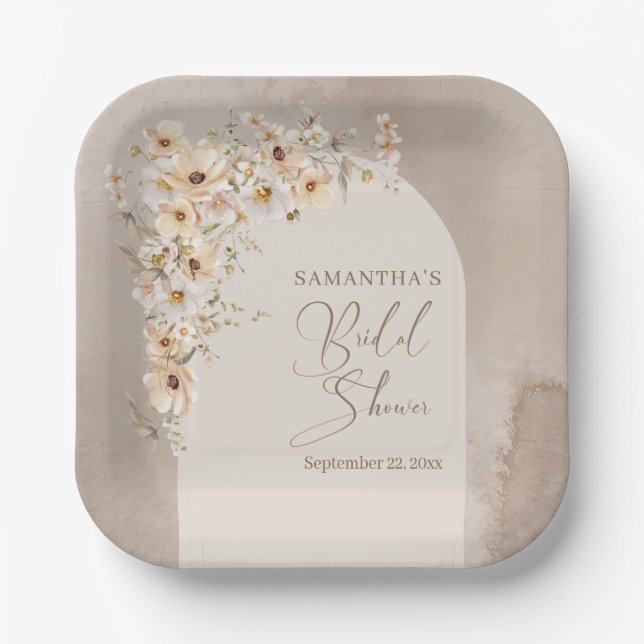 Modern Wildflowers Ivory Boho Arch Bridal Shower Paper Plates (Front)
