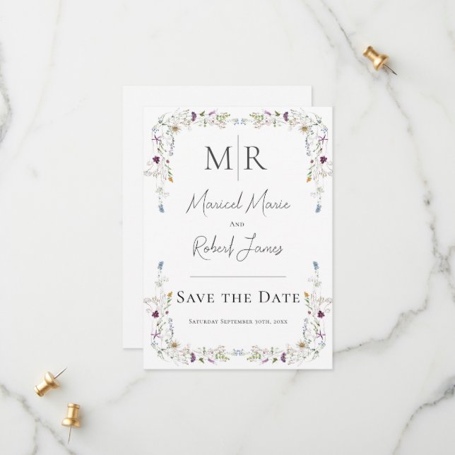 Modern Wildflowers Monogram White Wedding Save The Date (Front/Back In Situ)