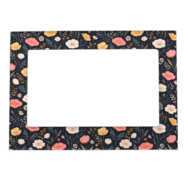 Modern Wildflowers on a Navy Background Magnetic Frame (Front)