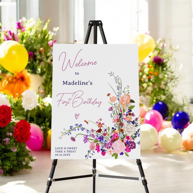 Modern wildflowers script 1st birthday welcome foam board (Modern wildflowers script 1st birthday welcome foam board)