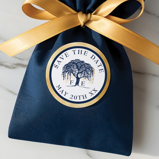 Modern Willow Tree Navy Blue Gold Save The Date Classic Round Sticker (Modern Willow Tree Navy Blue Gold Save The Date Classic Round Sticker)