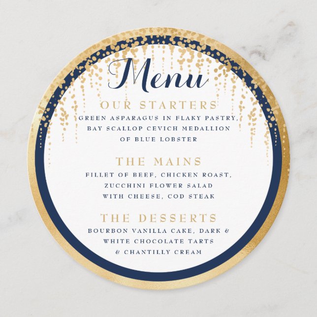 Modern Willow Tree Navy Blue Gold Wedding Menu (Front)