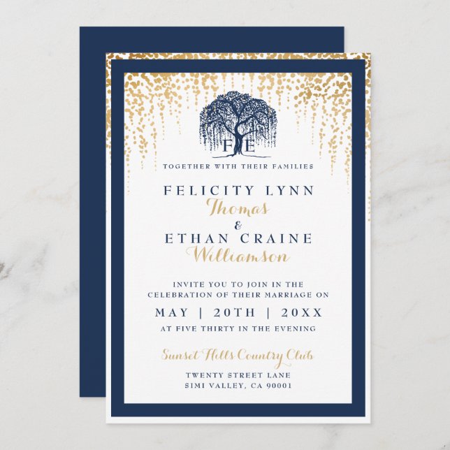 Modern Willow Tree Navy Gold Wedding Invitation (Front/Back)
