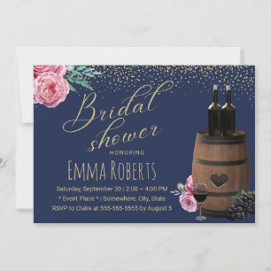Modern Wine Barrel Navy Gold Floral Bridal Shower Invitation