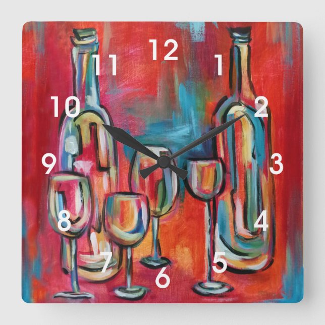 Modern Wine Bottles and Glasses Painting Square Wall Clock (Front)