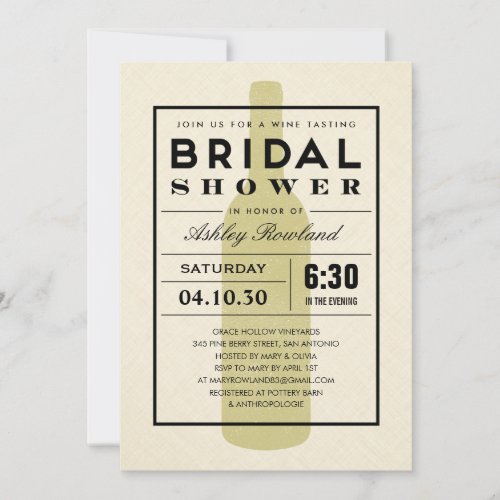 Modern Wine Bridal Shower Invitations - Modern wine bridal shower invitations with an elegant design featuring a wine bottle. Change the custom wording for your party needs.