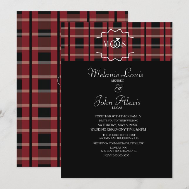 Modern Wine Flannel Tartan Plaid Ring Logo Wedding Invitation (Front/Back)