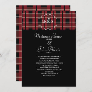 Modern Wine Flannel Tartan Plaid Ring Logo Wedding Invitation