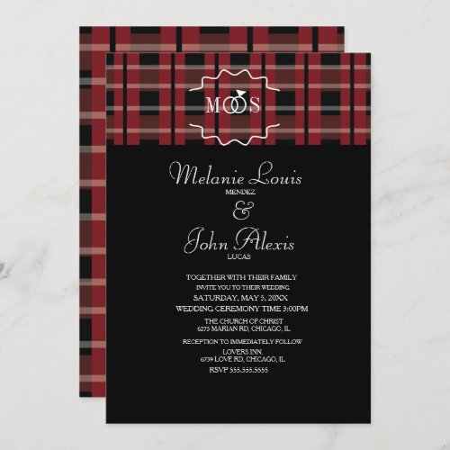 Modern Wine Flannel Tartan Plaid Ring Logo Wedding Invitation