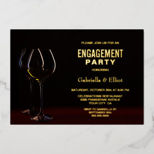 Modern Wine Glass Gold Text Engagement Party Foil Invitation