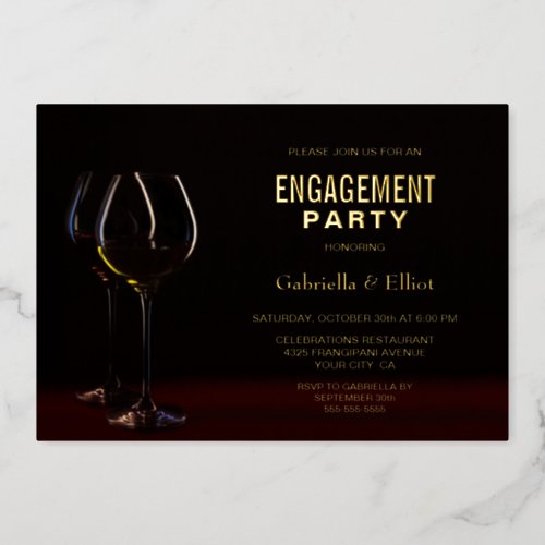 Modern Wine Glass Gold Text Engagement Party Foil Invitation