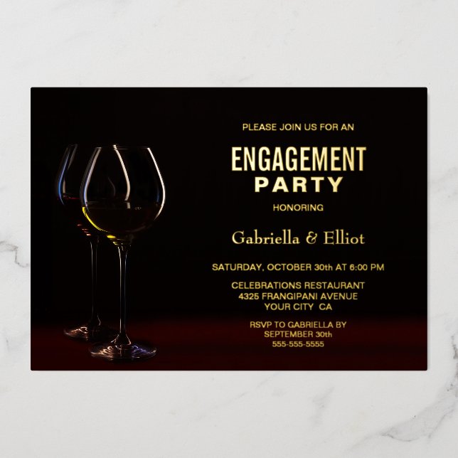 Modern Wine Glass Gold Text Engagement Party Foil Invitation (Front)