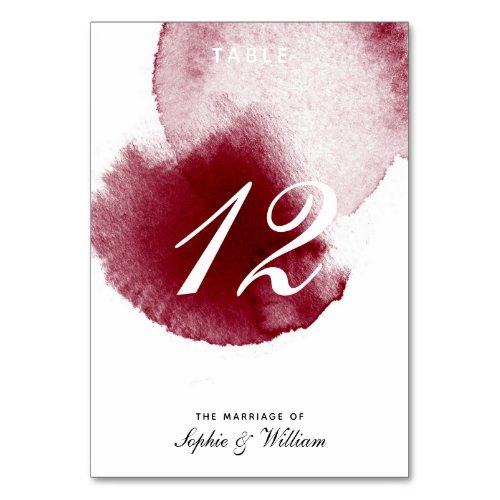 Modern Wine Red Burgundy Splash Table Number Card