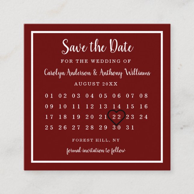 Modern Wine Red Calendar Save The Date Enclosure Card (Front)