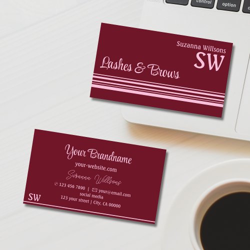 Modern Wine Red Pink Stripes with Monogram Stylish Business Card