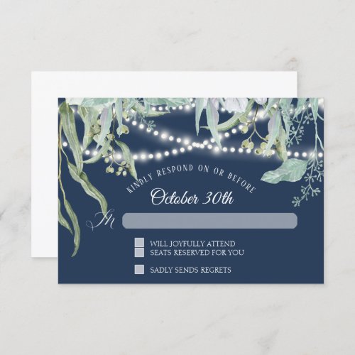 Modern Winery Eucalyptus Twinkle Lights Navy RSVP Invitation